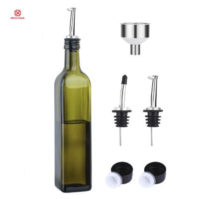 China Green Olive Oil Dispenser Bottle Set Glass Olive Oil Dispenser Bottle 500ml and Vinegar Condiment Set with Pourers and Funnel Oil Carafe Decanter for Kitchen for sale