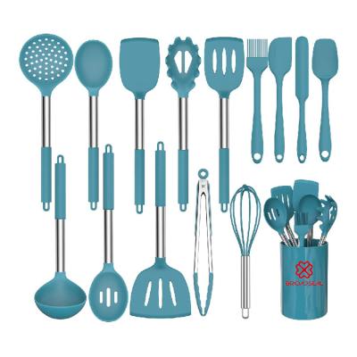 China 14 Pcs Heat Resistant Kitchen Tools Stainless Steel Silicone Silicone Cookware Non-Stick Viable Cookware Set Instruments Set With Rack for sale