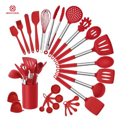 China Durable 27 Pieces Stainless Steel Handle Heat Resistant Spatula Kitchen Tools Silicone Cookware Set With Rack for sale