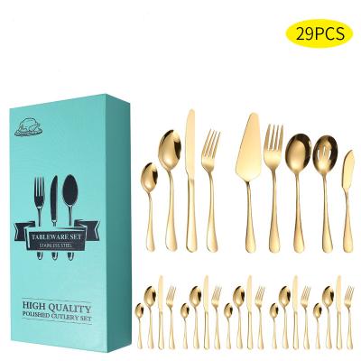 China Amazon Stainless Steel Knife Spoon Fork Viable Flat Dinnerware Sets Gold Household Tableware 29pcs Bulk Set for sale