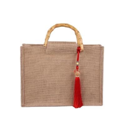 China Wholesale Cheap Motion Sensing Customized Logo Printed Eco Jute Bamboo To Handle Stylish Printable Jute Bag for sale