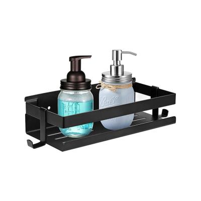 China Modern Shower Shelf Stainless Steel Shower Caddy with 2 Hooks Bathroom Shelf for Bathroom with Two Types of Installation (Black) for sale