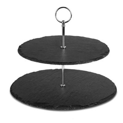 China Sustainable Cupcake Serving Hotel Buffet Cute Two Tier Slate Cake Stand With Metal Handle for sale