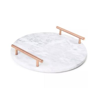 China Sustainable Decorative Marble Tray Tray With Ti-Gold Brushed Stainless Steel Handle for sale