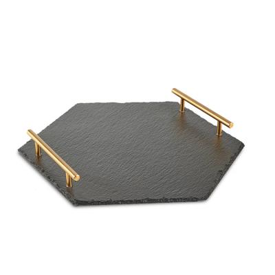 China Home.Restaurant.Bar.Hotel.Wedding Edge Hexagon Natural Slate Serving Tray With Cooper Hook for sale