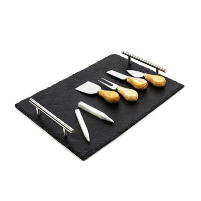 China Factory Wholesale Natural Black Disposable Slate Cheese Board With Stainless Steel Handles for sale