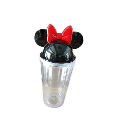 China Custom Double Wall Mickey Head 16oz Minnie Mouse Ear Cups Non-Inverted Acrylic Plastic Tumbler With Red Bow Straw Lid for sale