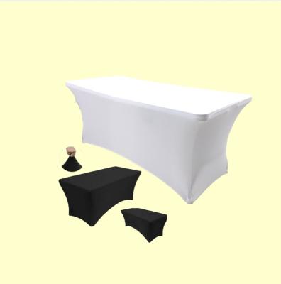 China LOW MOQ 10ft High Elastic Black White Cocktail Polyester Table Cover Rectangular Elastic Tablecloth Outdoor Wedding Activities for sale