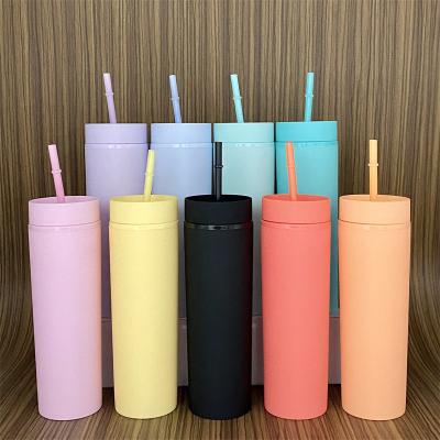 China Sustainable Cheap Double-layer Plastic Straw Cup 16oz Rubber Paint Straight Body Cup Skinny Sports Straight Gym Water Bottle for sale