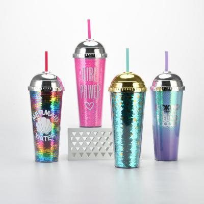 China New Design Viable Double Wall Tumbler Christmas Glitter Travel Tumbler Round Cover with Plastic Straw Mermaid Glitter Tumbler WB064K for sale