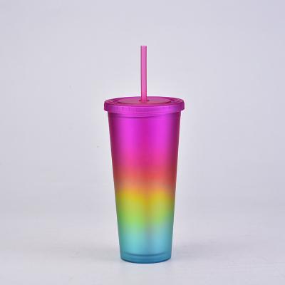 China Viable Manufacturer Customs New Rainbow Colored Double Wall Water Bottle Plastic Cups With Straws For Wholesale for sale