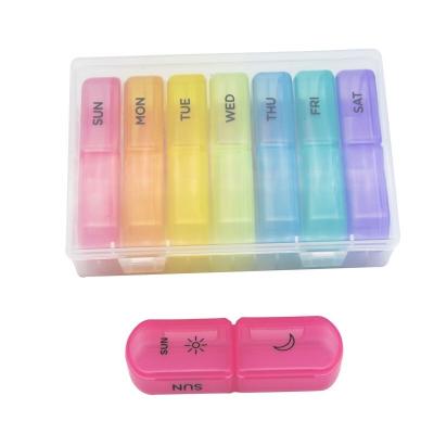 China Amazon Recyclable Weekly Hot Sale 7 Days Pill Box Factory 14 Compartments Pill Box PP Monthly Recyclable Rainbow 7 Material Colors New for sale