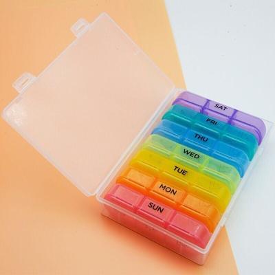 China Recyclable 7 Day Pill Box Tablet Weekly Storage Container With Lid ABS Factory OEM 21 Compartments Rainbow Color Amazon Hot Sale for sale