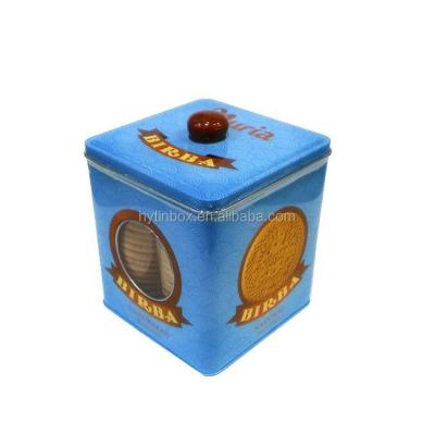 China Recycled Materials Square Metal Tin Cookie Jar Cookie Storage Box With Clear Window And Button for sale