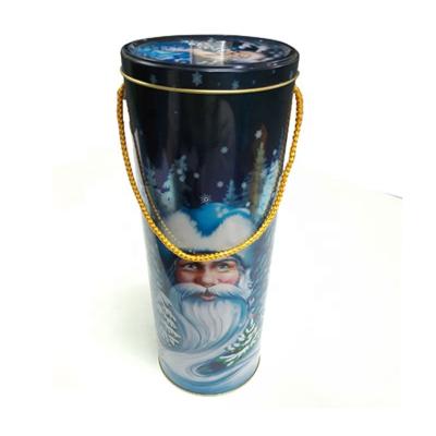 China With Rope Handle Cylindrical Shape 3D Custom Holographic Printing Tall Wine Tin Box With Rope Handle For Whiskey Vodka Liquor Bottle Dia95 H260mm for sale