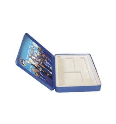 China Recycled Materials A5 Size Rectangular Shape Hinged Flat Lid Gift Tin Box With EVA Equipment 215x152x25 mm for sale