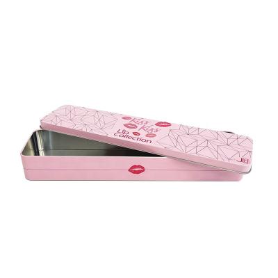 China Long Rectangular Shape Custom Printing Long Tin Box With Slip Lid Lip Kit Cosmetic Case Make Up Box 310x75x41mm for sale