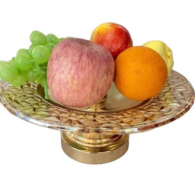 China Sustainable Hot Sale Amber Round Glass Fruit Dish With Metal Base For Wedding Holidays And Home Use for sale