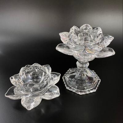 China Modern luxury transparent lotus shape tall glass candle holder with base for home and hotel for sale