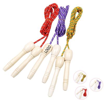 China Custom Logo Printed Promotional Adjustable Wooden Swivel Handled Jumping Jump Rope With Nylon Rope STHE2244 for sale