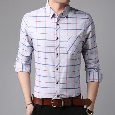 China 2021Autumn New 100% Polyester Men's Plaid Shirt Business Men's Clothing Long Sleeve Business Use Casual Men's Slim Shirt for sale