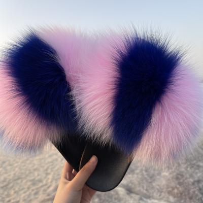 China Factory direct fashion trend real fox fur slippers women's fluffy fur slides sandals summer fox raccoon fur slippers for sale