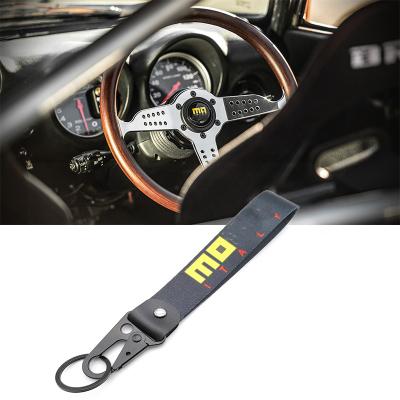 China Fashionable Style High Theft QualityJDM Cloth Double Sided Key Ring Tag MO Logo Car Nylon Keychain for sale