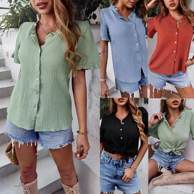 China Anti-pilling High Quality Blank Button Up Cotton Casual O Neck Short Sleeve Work Shirt For Women for sale