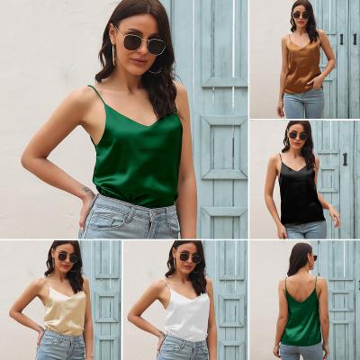 China Anti-pilling Women's Satin V-Neck Loose Base Solid Double Chiffon Adjustable Spaghetti Straps Strappy Cami Blouse Vest Tank Camisole Top for sale