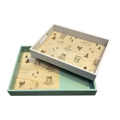 China Wholesale Cute 3D Pattern Handmade Tea Food Serving Tray Rectangular Painted Decorative Wooden Wood Tray Set for sale