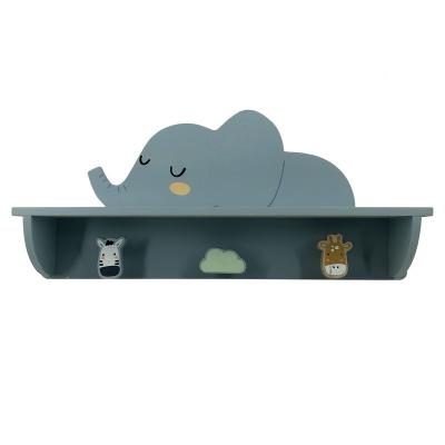 China Decorative Storage Kids Room Elephant Shaped Wooden Wall Floating Shelf For Storage With 3 Hooks for sale