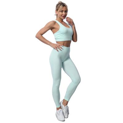 China Wholesale Antibacterial Women's Fitness Clothing Yoga Pants Light Cyan And Active Wear Yoga Sets Top Sports Bra Suit for sale