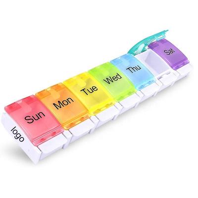 China Travel Friendly BPA Plastic Arthritis Free Storage Box Weekly Pill Organizer 7 Day Pill Box Case 14 Grids With Open Spring Design for sale