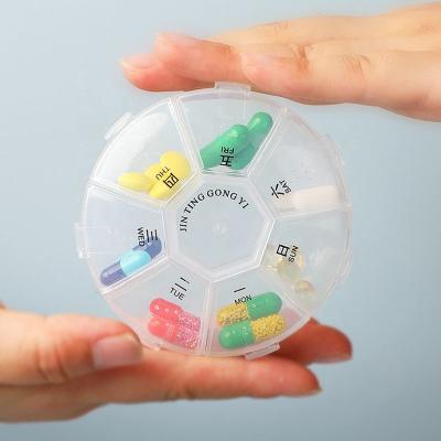 China Small Medicine Plastic Planner Storage Box Case Weekly Round Portable Pill Box 7 Day Travel Container Pill Box Dispenser Organizer for sale