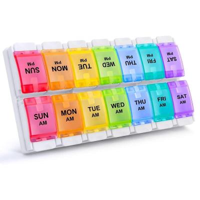 China Plastic Storage Box 7 Day Pill Organizer 2 Times A Day Pill Box Rainbow Pill Case 14 Dividers Weekly Medicine Holder With Easy Push Button for sale