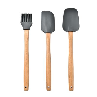 China High Quality 3 Pcs Set of Viable Home Kitchen Silicone Spatula Brush with Wooden Handle for sale