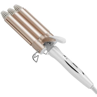 China Custom Electric Curve 3 Barrel Design Stand Base Soft 360 Barrel Triple Mini Curling Hair Iron With Curling Iron Crimp for sale