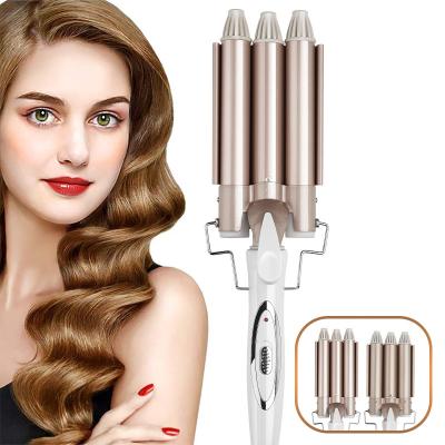 China New Design Portable 3 Barrel Volumizing Rose Gold Curl Tong Hair Curler Optional Plug 3 Barrel Spiral For Salon for sale