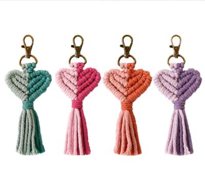 China Faux Fur Ball Pompom Chains Mini Boho Colorful Heart Shape Macrame Key Chain Braided Woven Key Bag Chain Pendant With Tassel for sale