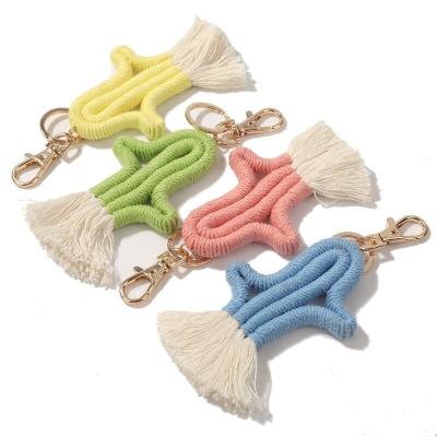 China Faux Fur Ball Pompom Chains Vintage Handwoven Cactus Fringe Bohemian Macrame Car Key Bag Coin Pocket Charm Key Colorful Pendant for sale