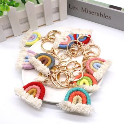 China Faux Fur Ball Pompom Chains Ins Ethnic Handmade Colorful Rainbow Macrame Cotton Woven Tassel Bag Car Key Chain Pendant for sale