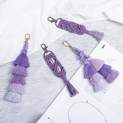 China Faux Fur Ball Pompom Chains Creative Car Handwoven Braided Bag Knot Key Chain Boho Purple Macrame Purple Personalized Pendant Ornaments for sale