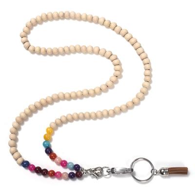 China Nursing Badge Lanyard Colorful Stone Wood Beads Faux Fur Ball Pompom Chains Teacher Lanyards Collar with ID Card Badge Holder for sale