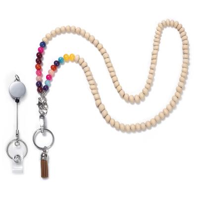 China Faux Fur Ball Pompom Chains Customized Colored Stone Wood Beads Lanyards Collar Teacher's Day Gift with ID Card Badge Holder for sale