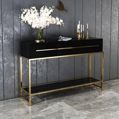 China Modern Console Table Stainless Steel Luxury Black Gold Frame Table With Drawer for sale