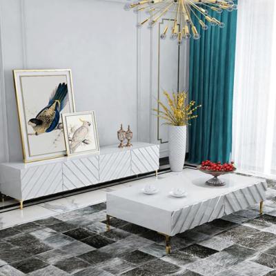 China Modern luxury gold frame stainless steel rack cabinet white coffee table white table and green TV cabinet with drawer for sale