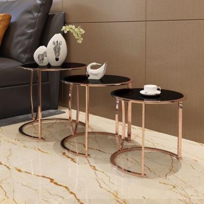 China Modern Coffee Table Round Table Set 3 Pieces Cheapest Stainless Steel Gold Coffee Table With Black Glass Tops for sale