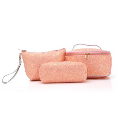 China New fashion fashion pink glitter cosmetic bag set for ladies make up bag blingbling travel bag for sale