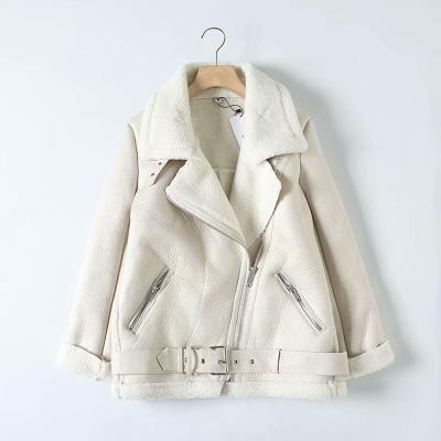 China Waterproof 2021 Women Faux Shearling Moto Jacket Parka Winter Coat Thick Fleece Striped Shear Leather Jacket for sale