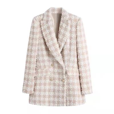 China 2022 Anti-wrinkle fashion women tweed blazer sleeve flap along coat double breasted vintage pockets spring female blazer for sale